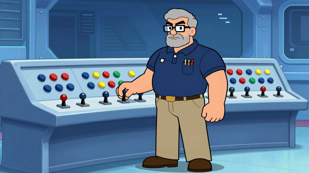 Character at an elegant control panel with organized switches and dials representing argparse