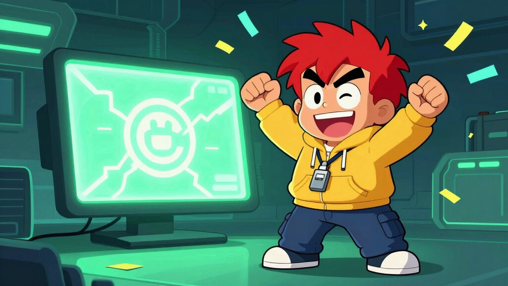 Pyro Pete celebrating victory next to a glowing monitor