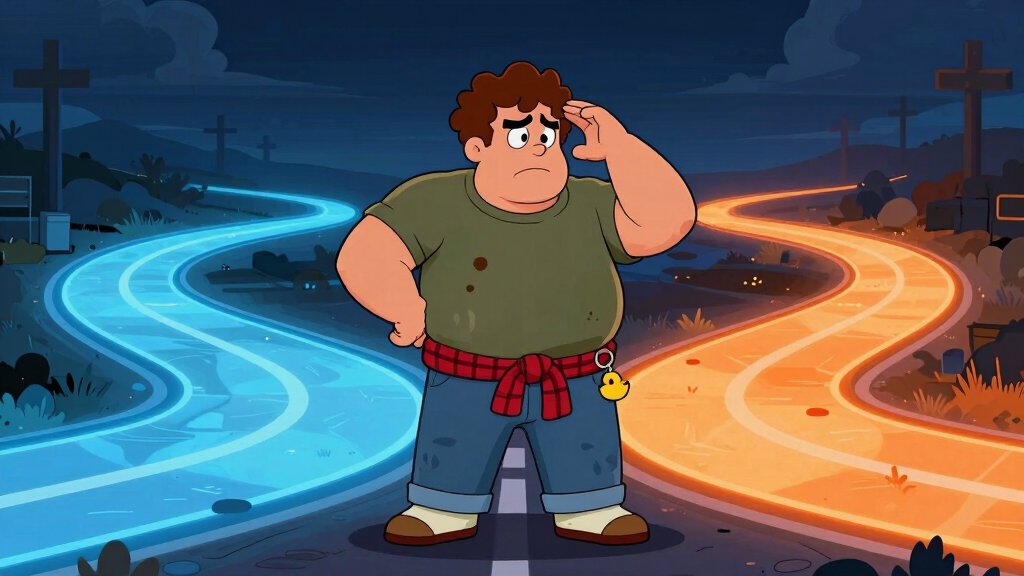 Loop Larry at a fork in the road deciding which path to take