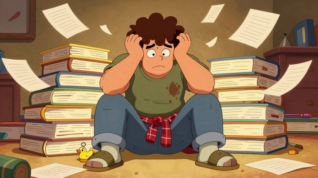 Loop Larry overwhelmed surrounded by instruction manuals