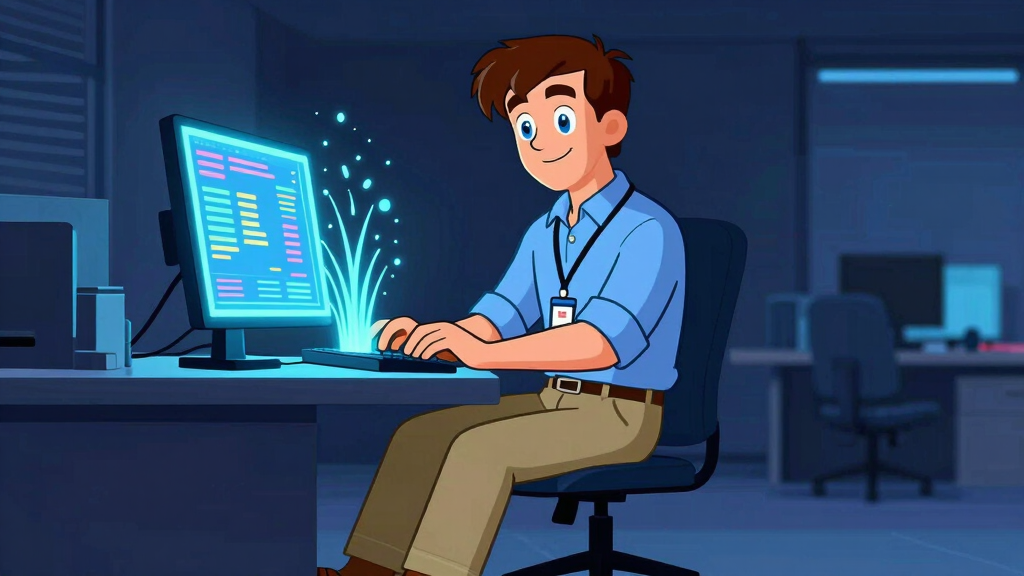 API Alex typing at desk with data streams flowing from keyboard