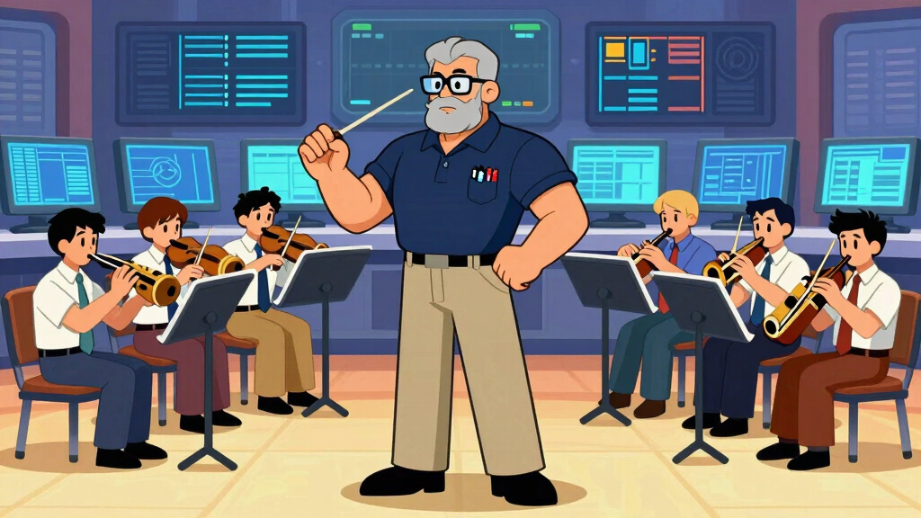 Character conducting orchestra representing asyncio event loop coordination
