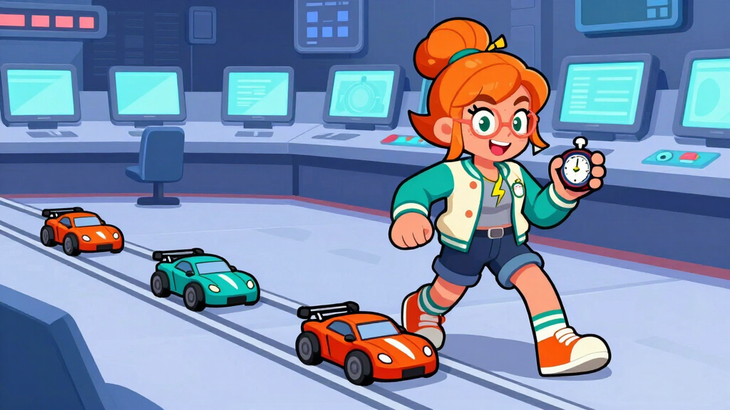 Character racing cars on parallel tracks representing performance benchmarks