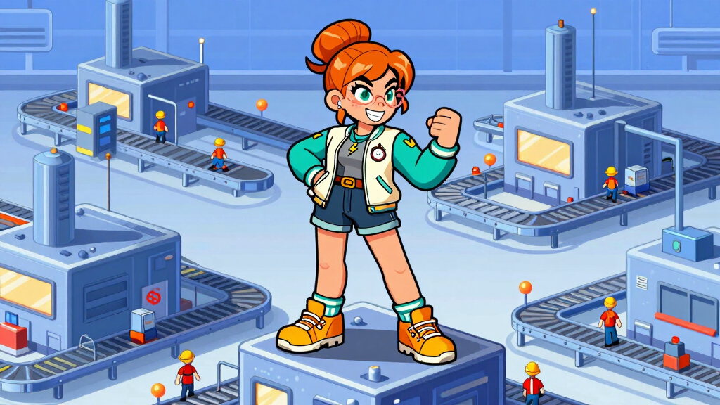 Character atop separate factories representing multiprocessing with independent GILs