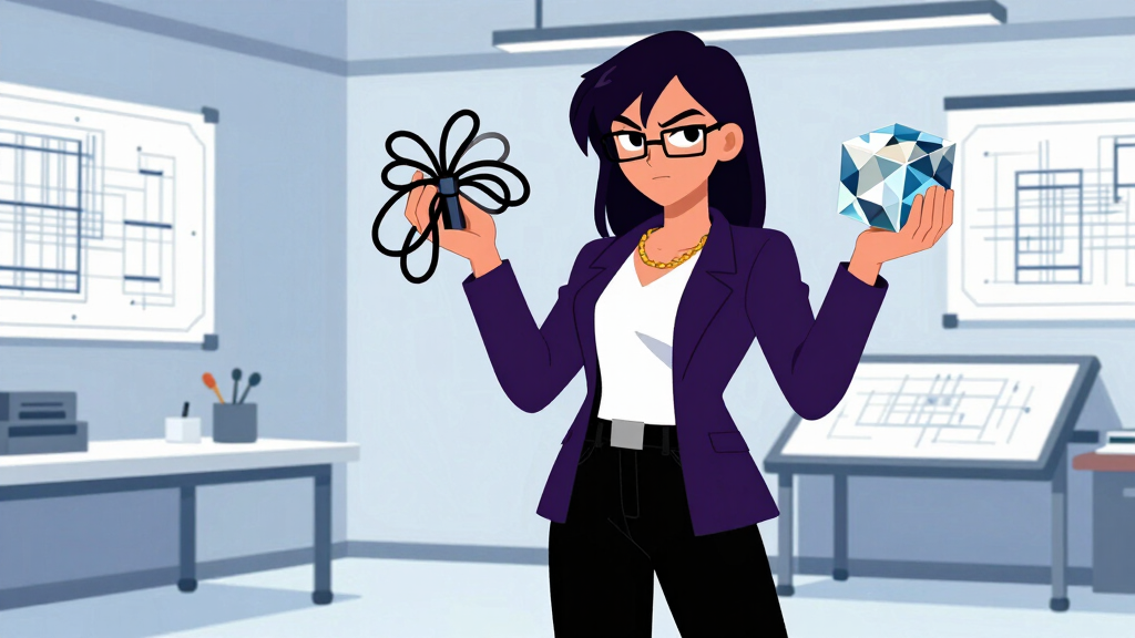 Debug Dee comparing messy wires to organized crystal in architect studio