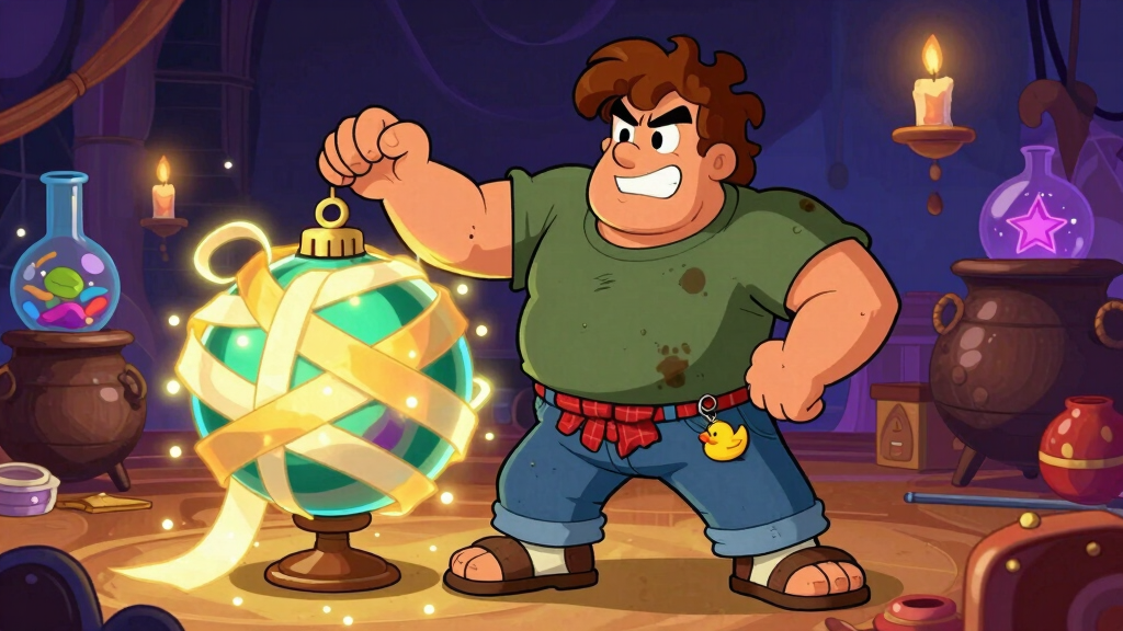 Loop Larry tangled up in colorful ribbons surrounded by gift boxes