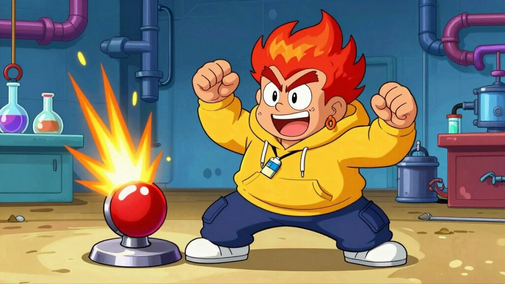 Pyro Pete launching a colorful rocket ship