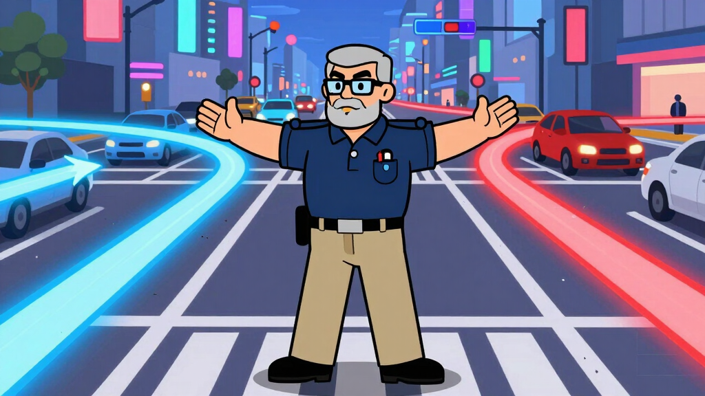 Sudo Sam directing log traffic at an intersection