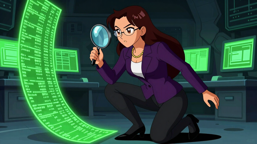 Debug Dee examining floating log entries through magnifying glass