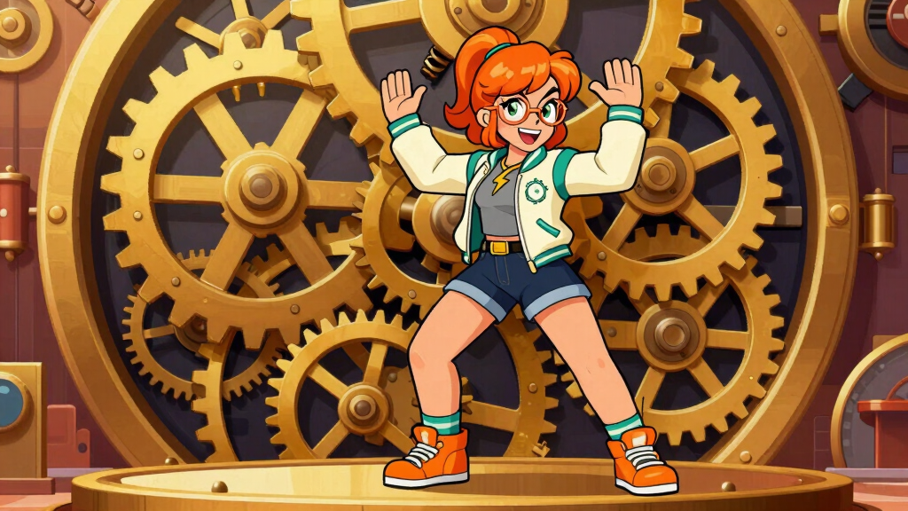 Cache Katie adjusting gears inside a giant clock mechanism