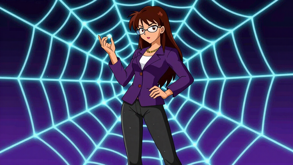 Debug Dee plucking data from a glowing spider web