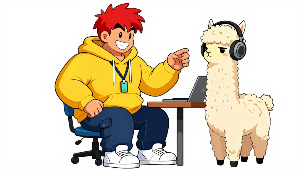 Pyro Pete talking to llama with headphones at desk