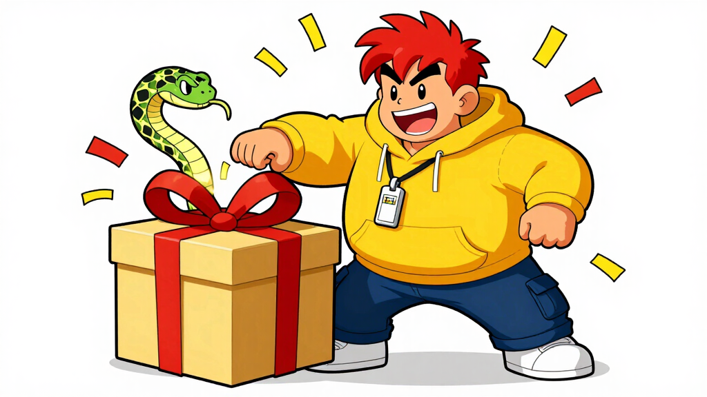 Pyro Pete unwrapping gift box with Python snake