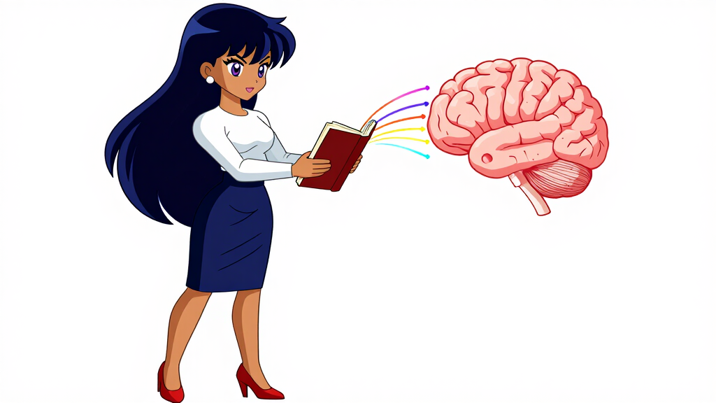 API Alice connecting book to glowing brain with data streams