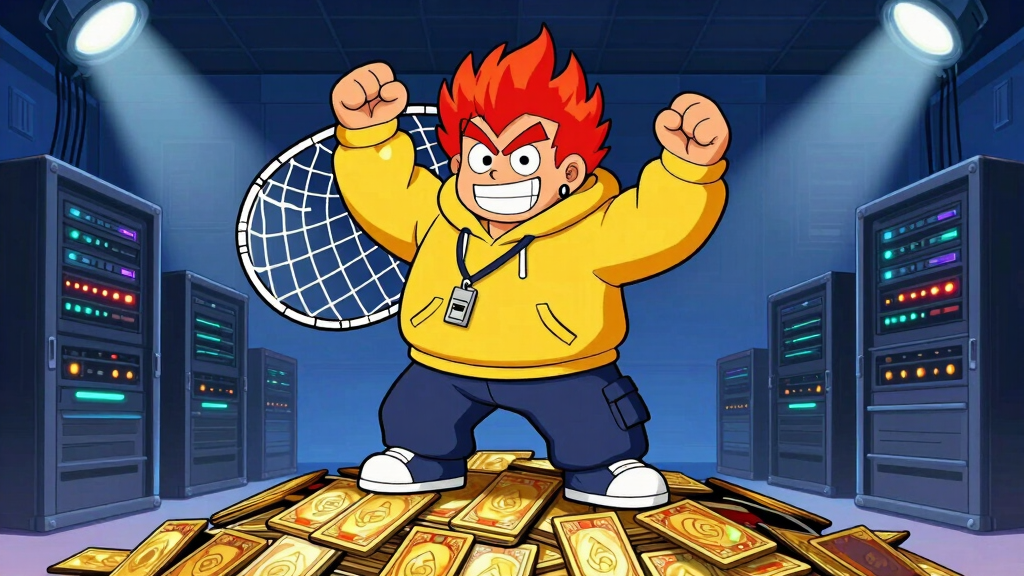 Loop Larry triumphantly standing on mountain of organized job listing cards