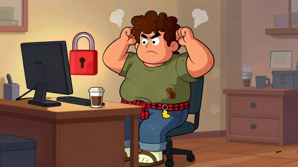 Loop Larry frustrated at desk with red padlock blocking computer