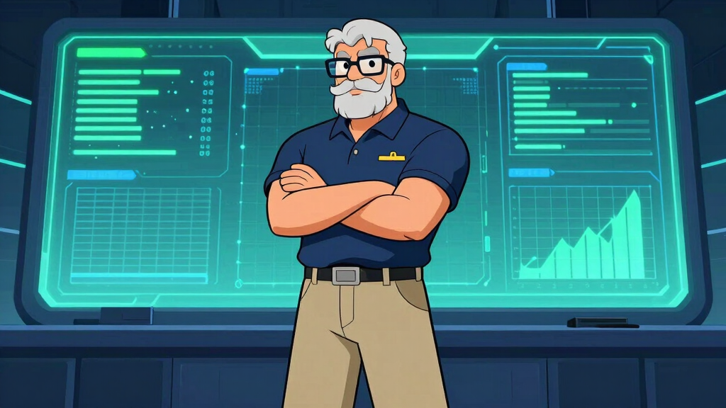 Sudo Sam standing before a holographic dashboard with charts