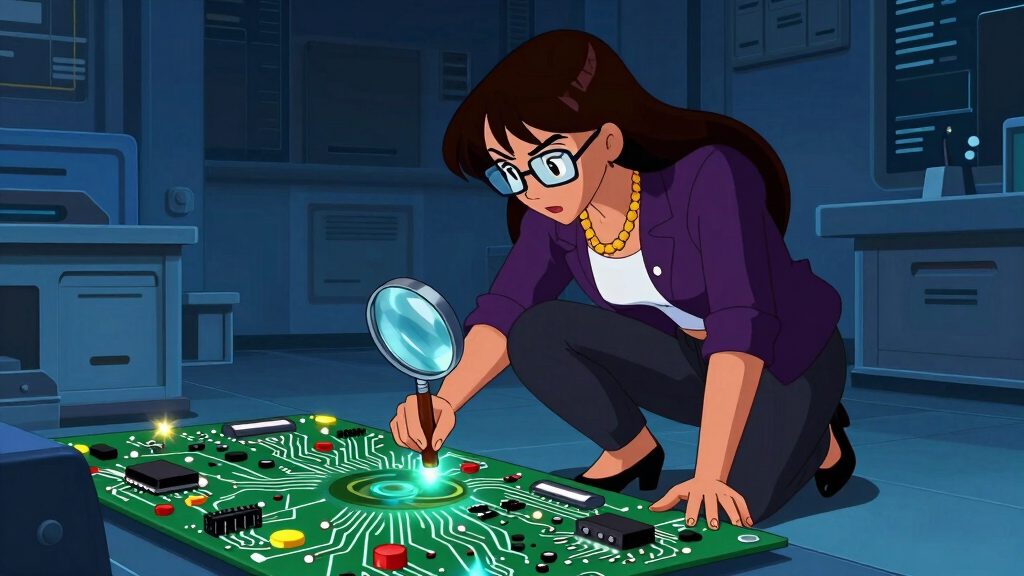 Debug Dee examining a circuit board with magnifying glass