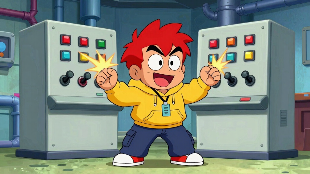 Pyro Pete excitedly operating an industrial control panel