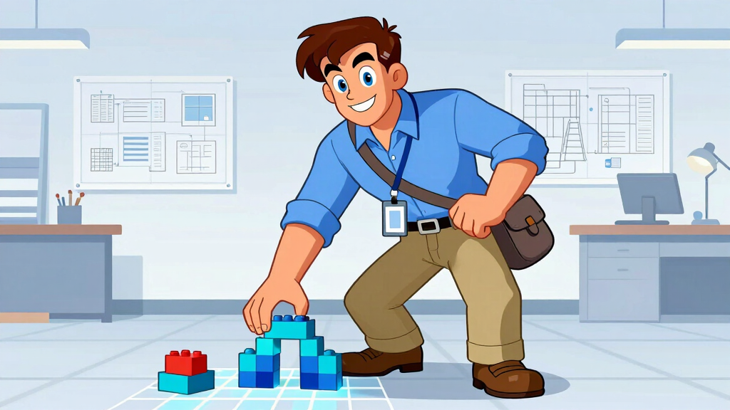 Character placing building blocks on grid representing CRUD operations