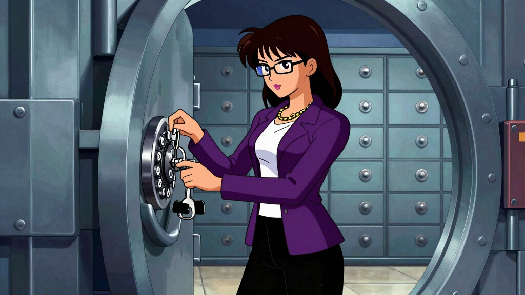 Character at vault with combination dial representing database transactions