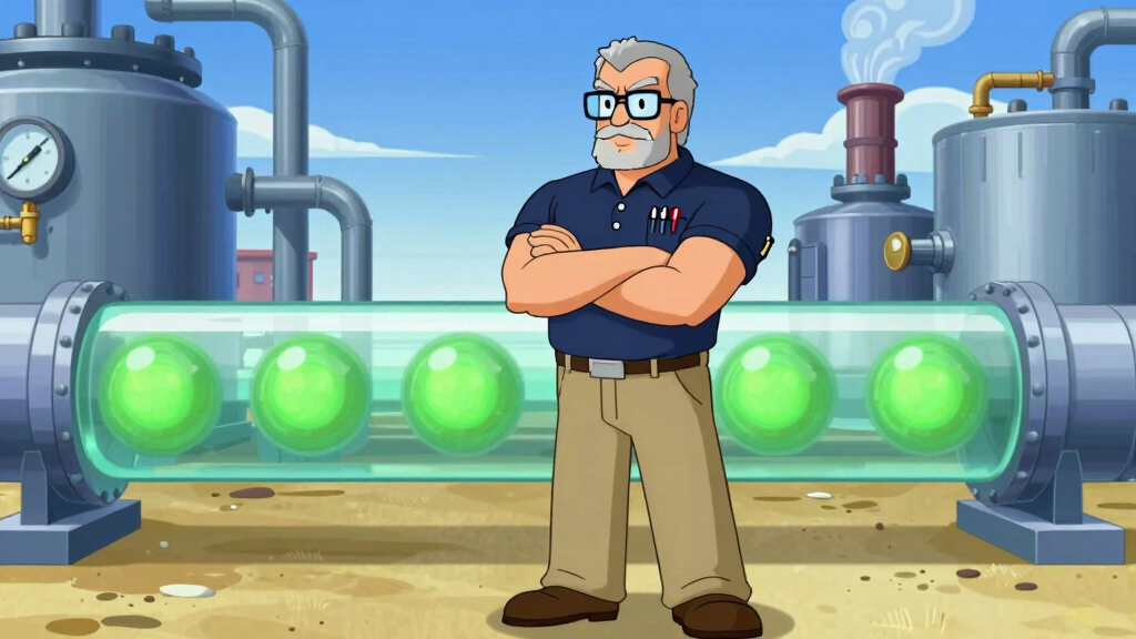 Senior developer standing confidently with arms crossed in front of a smooth-running industrial pipeline with green energy orbs