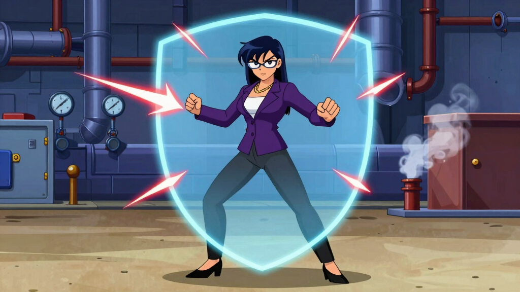 Developer standing behind a glowing energy shield deflecting attacks in an industrial factory setting