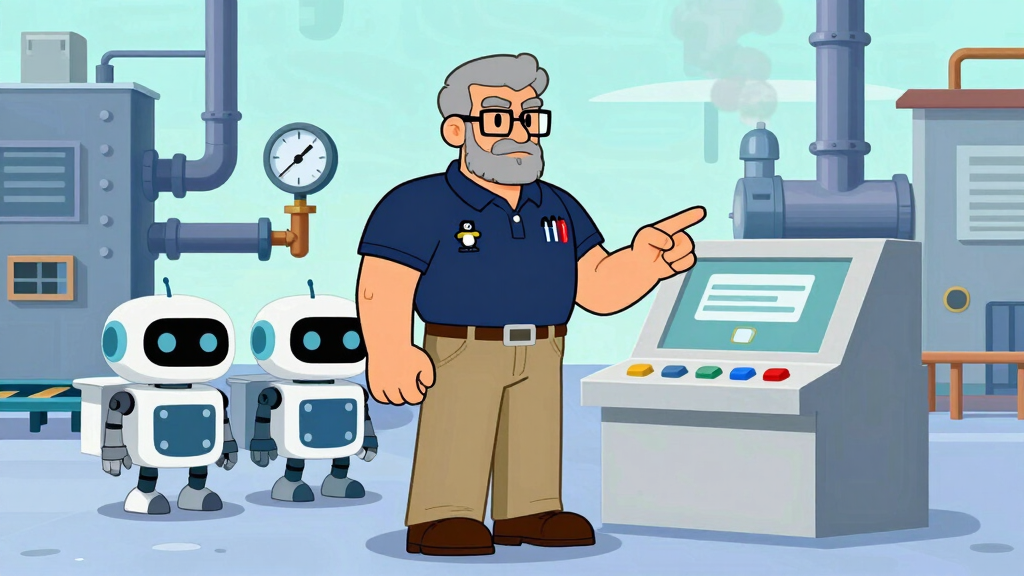 Sudo Sam directing robots in industrial factory