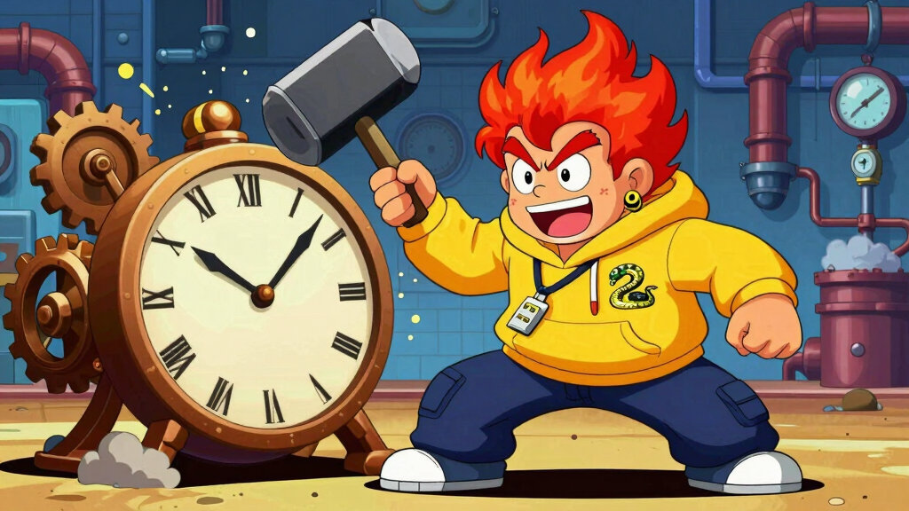 Energetic character smashing a giant clock with a hammer in an industrial factory with gears exploding