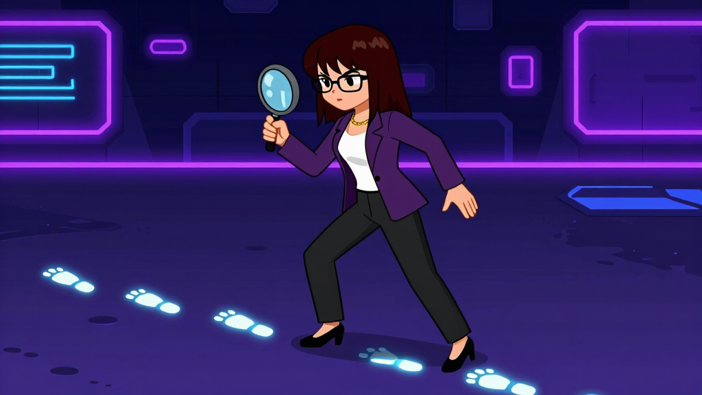 Debug Dee following a trail of glowing footprints with her magnifying glass