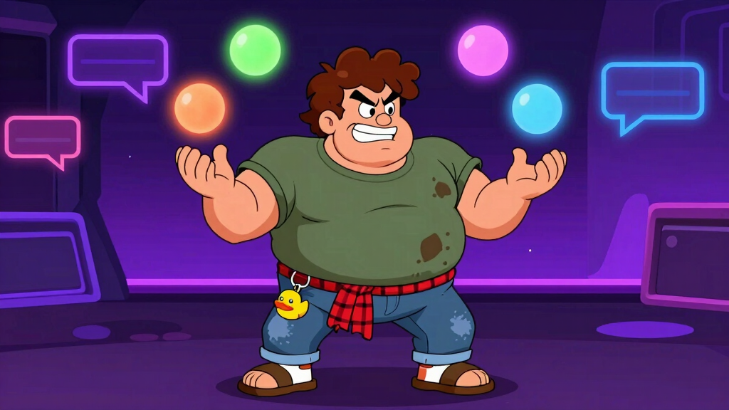 Loop Larry juggling glowing multimedia orbs while Python snakes catch dropped ones