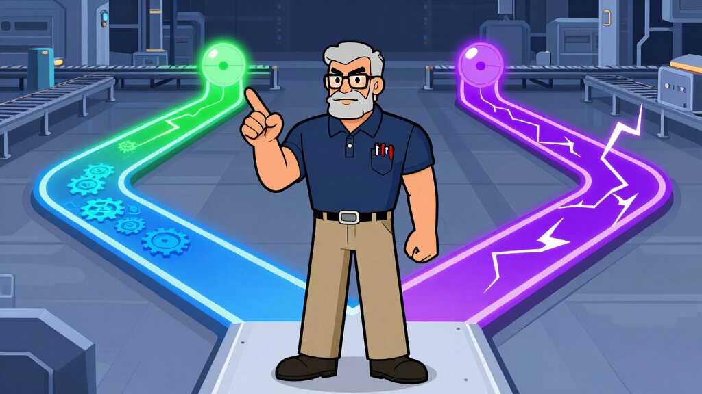 Cartoon character at crossroads choosing between threading multiprocessing and asyncio paths