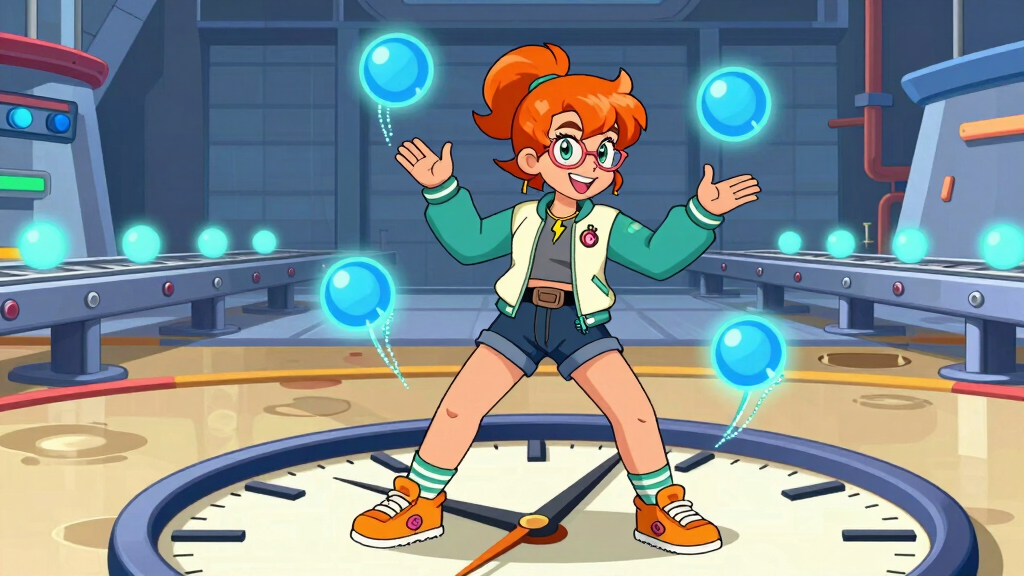 Cartoon character juggling glowing orbs on a clock face representing concurrent threads
