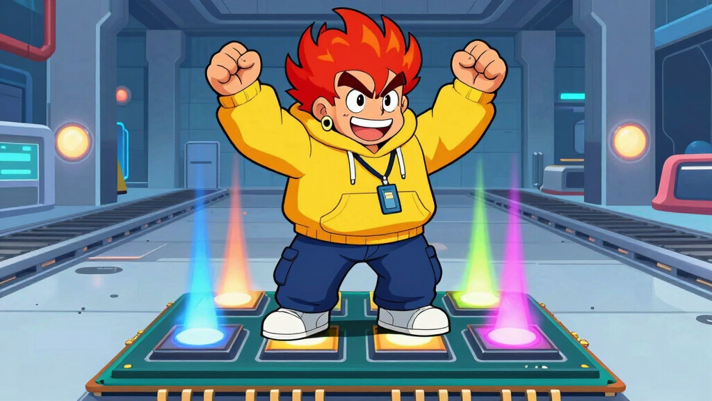 Cartoon character standing on CPU chip with four cores firing energy beams