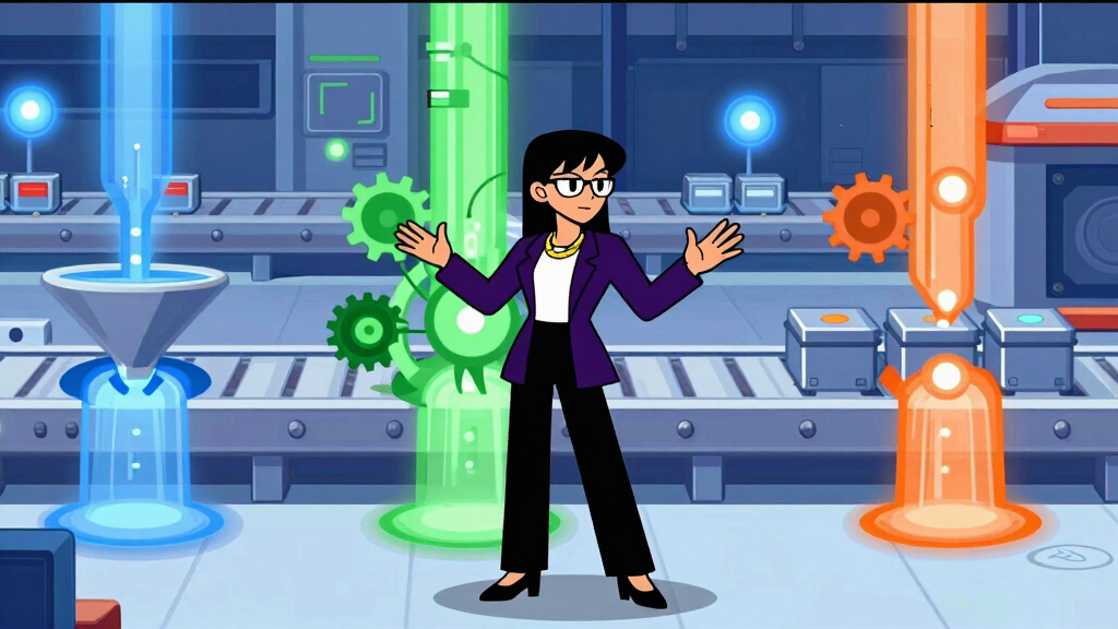 Cartoon character conducting a three-stage data pipeline with colored streams