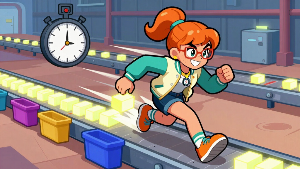 Cartoon character racing along conveyor belt sorting glowing cubes into bins representing batch processing of embeddings