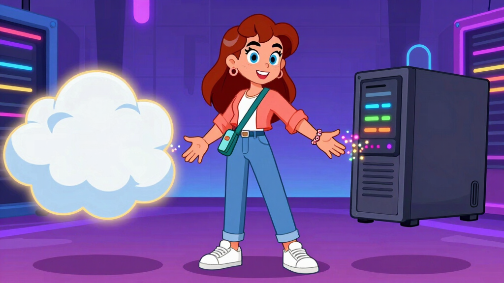 Cartoon character standing between a glowing cloud and local computer tower in neon server room representing cloud vs local embeddings