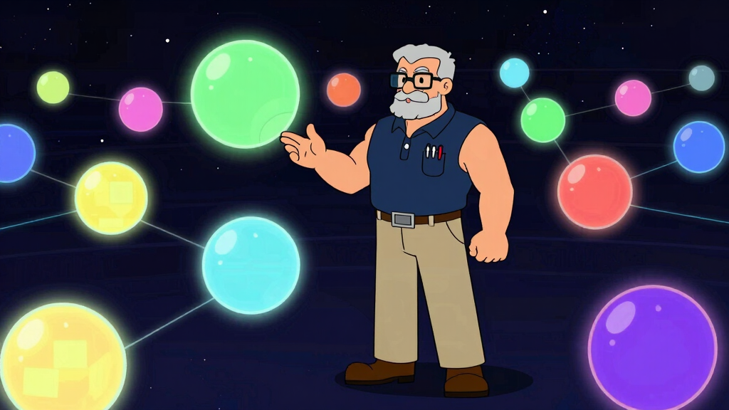 Cartoon character surrounded by colorful glowing orbs clustered by similarity in dark cosmic space representing vector embeddings