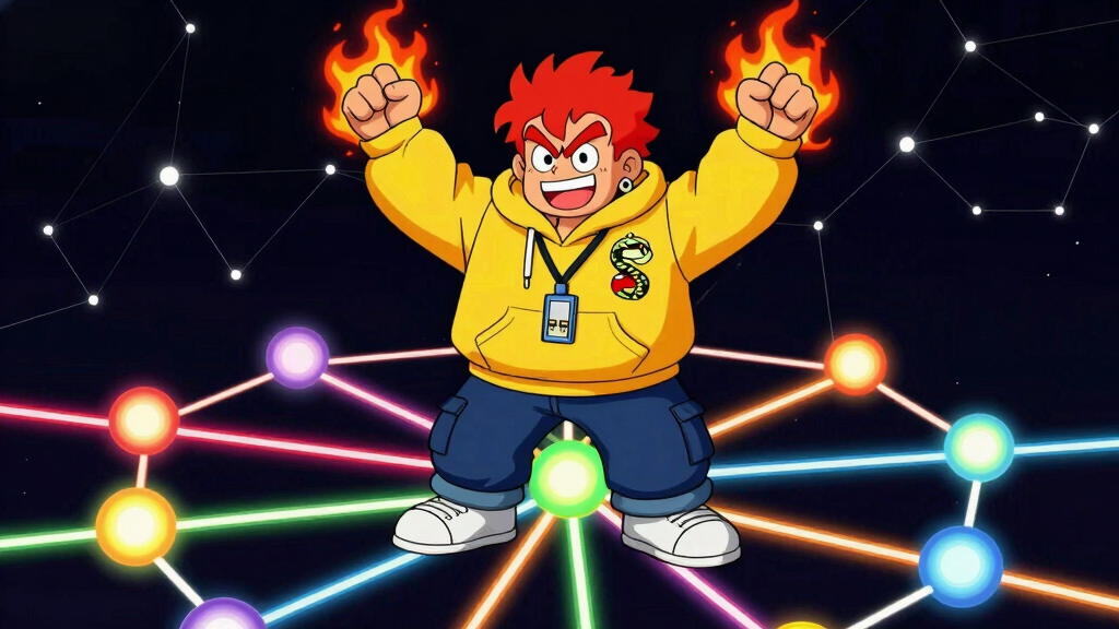 Cartoon character standing triumphantly on web of interconnected colorful nodes representing document similarity network