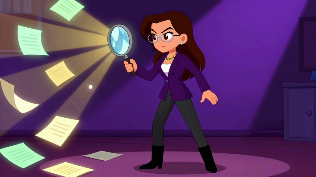 Cartoon detective character with magnifying glass searching through floating documents representing semantic search with embeddings