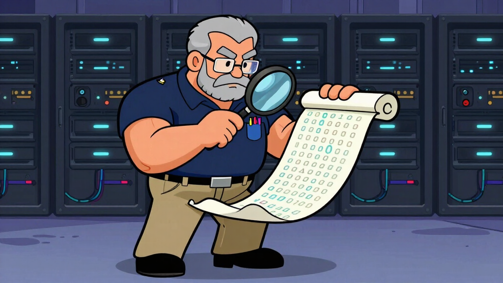 Sudo Sam reading binary scroll through magnifying lens