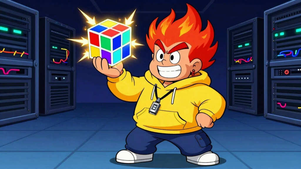 Pyro Pete reassembling glowing data cube with sparks