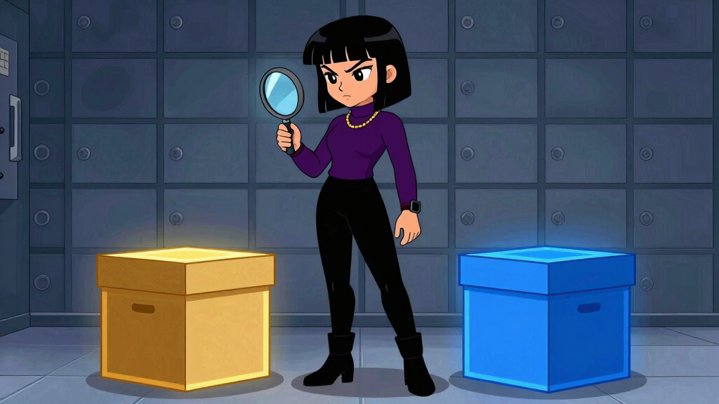 Debug Dee examining two identical boxes with magnifying glass