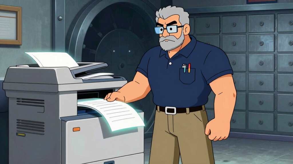 Sudo Sam feeding documents through giant photocopier