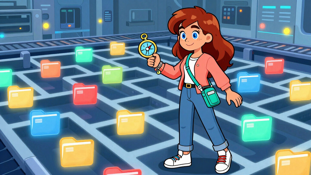 API Alice navigating maze of colorful folder icons with compass