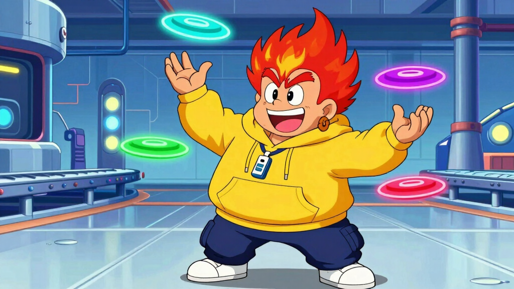 Pyro Pete juggling three glowing platform discs
