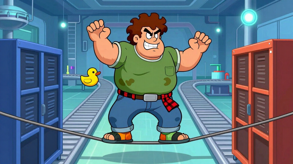 Loop Larry balancing on tightrope between server racks for cross-platform tutorial