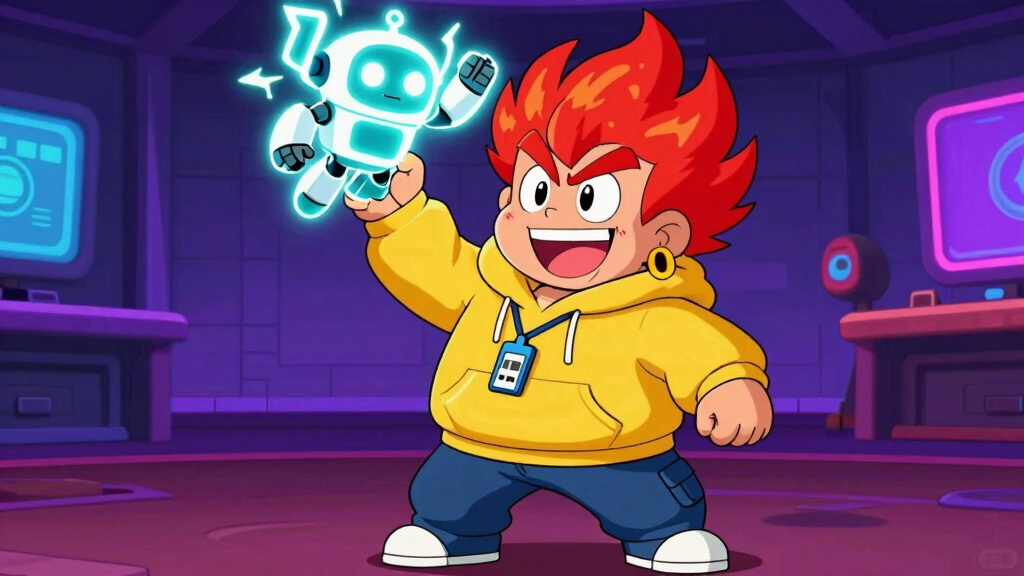 Pyro Pete holding glowing robot companion for Discord bot tutorial