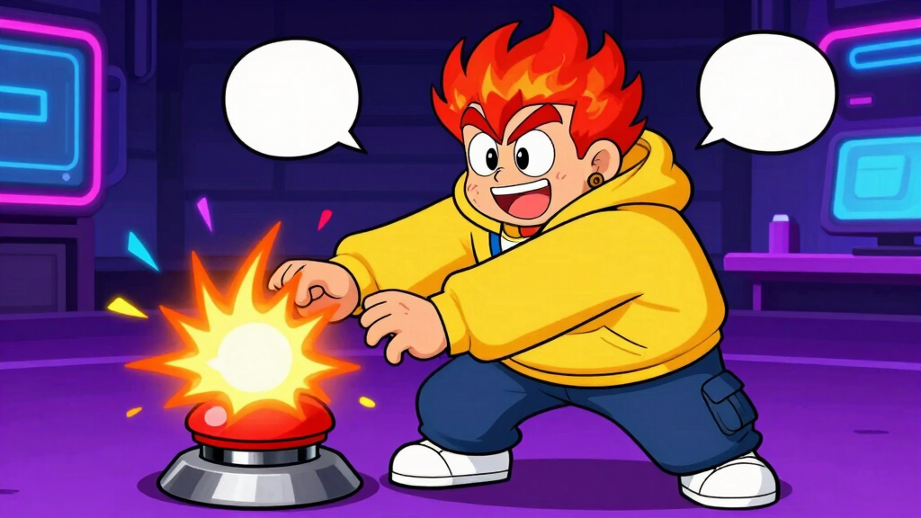 Pyro Pete smashing command button with sparks flying
