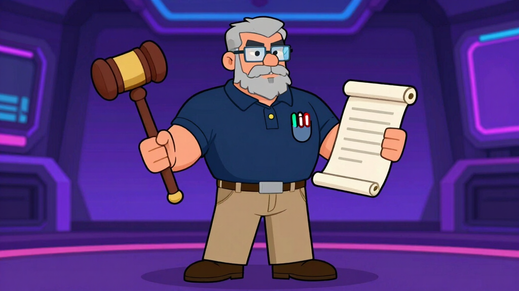 Sudo Sam holding gavel and rules scroll authoritatively
